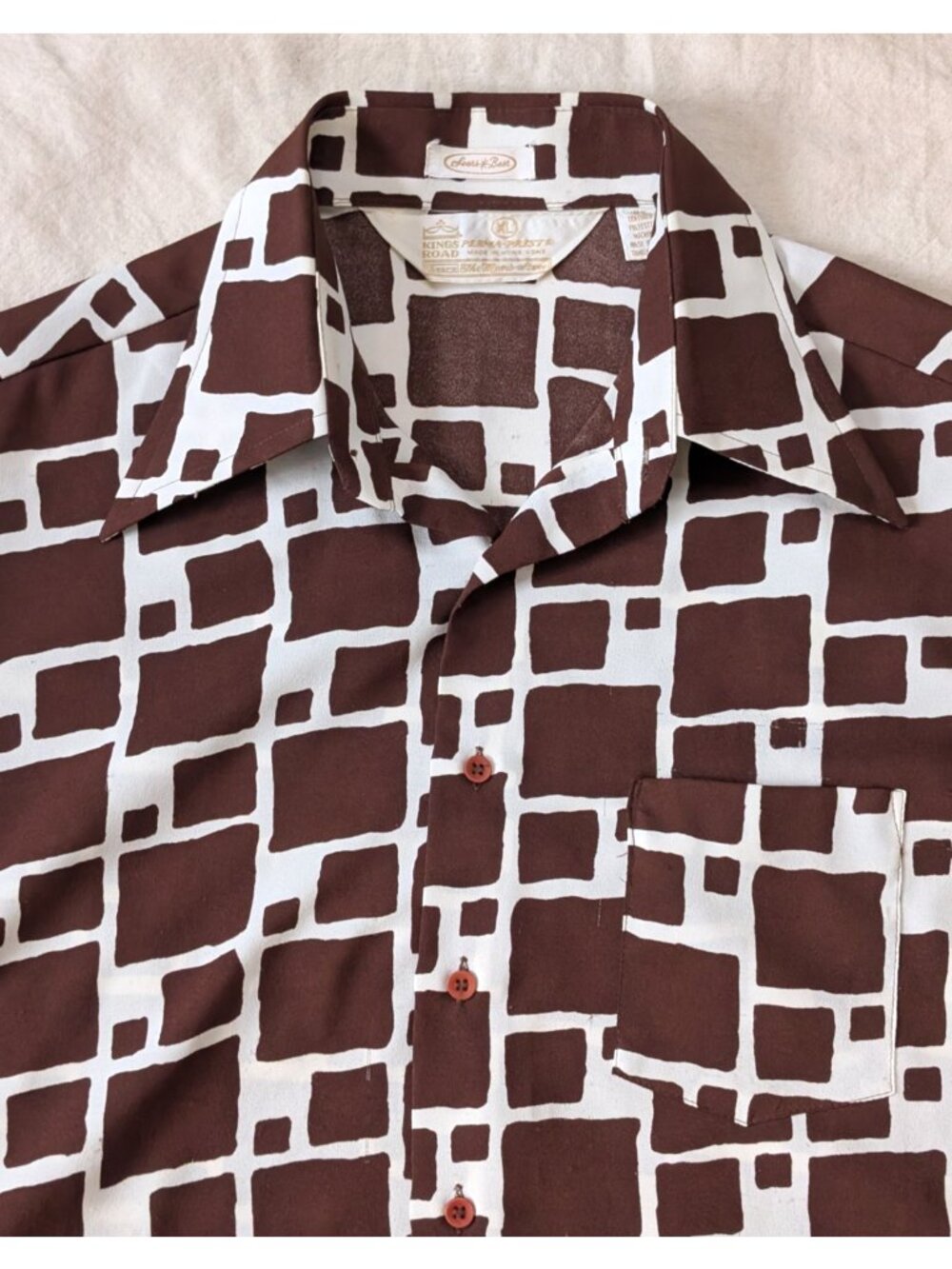 Sears Kings Road Vintage 70s Brown Block Print Texturized Poly Disco Shirt XL
